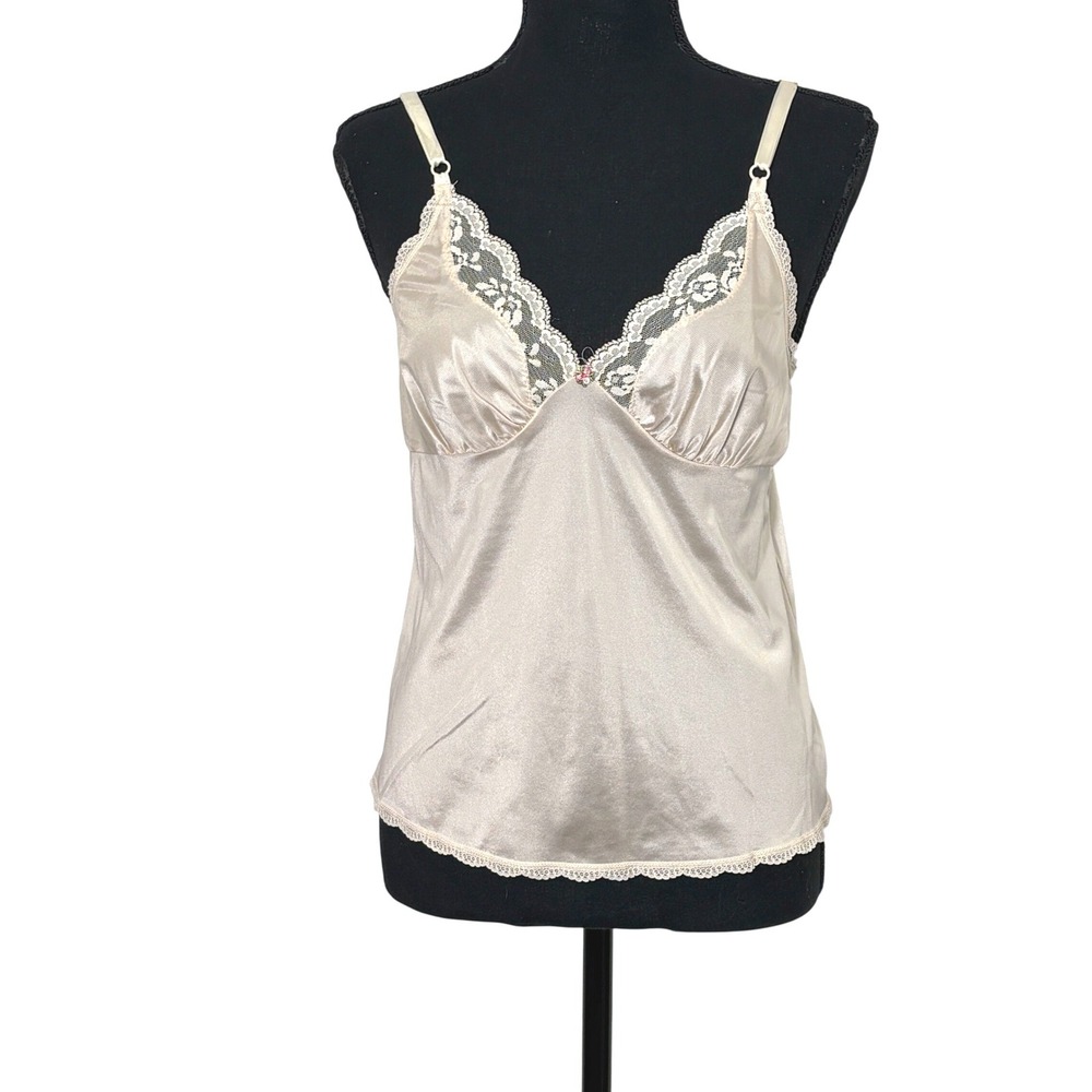 Vintage Lace Trim Babydoll Cami Top Size 34 (S) Satin Coquette Y2K Lingerie Rose